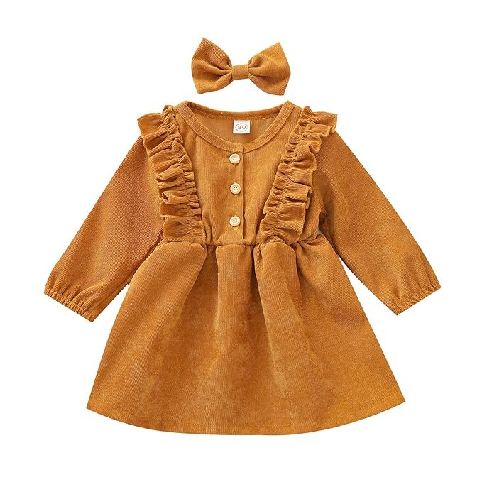 Karuedoo Kids Toddler Baby Girl Corduroy Ruffle Long Sleeve Dress Princess Party Dress Fall Winter Skirt Outfit
