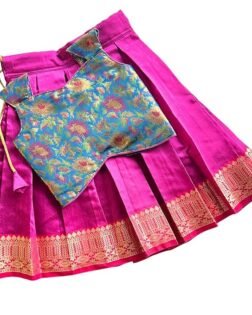 Picksparrow Baby Girl Lehenga Choli Set, Cotton Silk, Pink and Blue Floral, Traditional Festival Wear