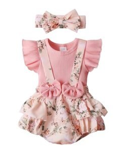 Newborn Baby Girl Clothes Infant Romper Floral Suspender Dress Ruffle Sleeve Onesie Outfit Jumpsuit Headband Spring Summer
