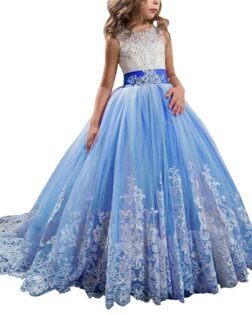 Princess Lilac Long Girls Pageant Dresses Kids Prom Puffy Tulle Ball Gown
