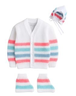 Little Angels 3-Piece Baby Woollen Sweater Set | Full Sleeves V-Neck Knitted Sweater, Cap & Socks | Winter Outfit for Newborns (0-12 Months)
