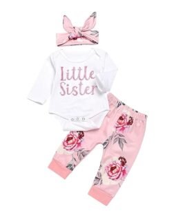 Baby Girl Clothes Set Newborn Outfit Little Sister Romper Top and Rose Printed Pant and Headband 3 Pieces