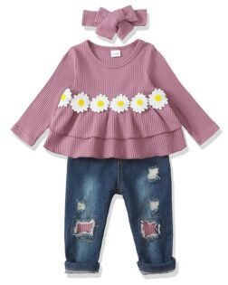 XUANHAO Infant Toddler Baby Girl Clothes Denim Jeans Outfits 2PCS Ruffle Floral Top + Ripped Denim Girls Pants Set 6M-4T