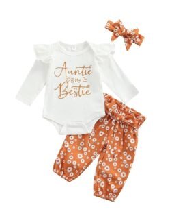 Newborn Infant Baby Girls Clothes Set Auntie Saying Letter Rompers Floral Daisy Pants Headband