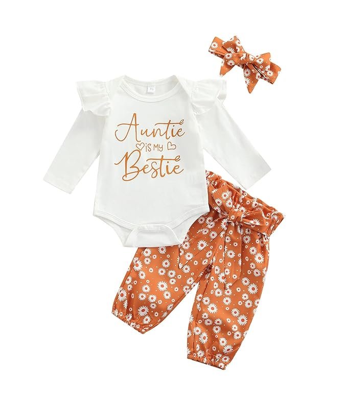 Newborn Infant Baby Girls Clothes Set Auntie Saying Letter Rompers Floral Daisy Pants Headband