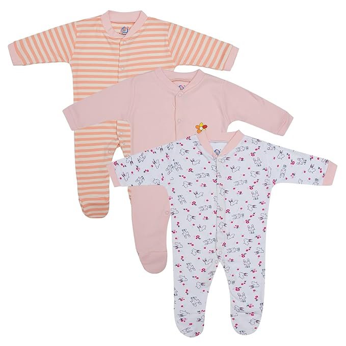 Magic Town New Born Baby Multi-Color Long Sleeve Body Suit,Romper, Sleep Suit for Boys and Girls Unisex Combo Pack (Pack of 3) (0-3 Months, Pink)