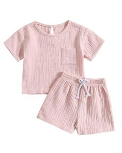 Toddler Baby Boy Girl Cotton Linen Outfit Short Sleeve T-Shirt Tops Elastic Shorts Set 2Pcs Casual Summer Clothes