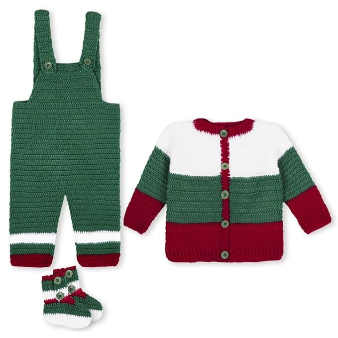 Handmade Crochet Knitted Multicolor Bib Pyjamas Sweater Set with Shoes for Baby Boys & Girls Wedding New Born Showers Photography 0-24 Months.