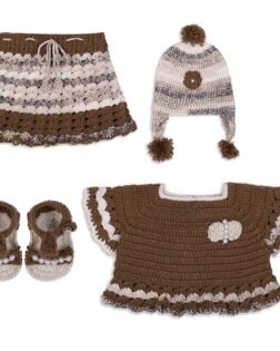 Handmade Knitted Crochet New Born Baby Frock Midi/Knee Length for Girls Dress with Cap & Shoes Wedding Birthday Party Baby Showers 0-24 Months (WS-FRCBRW)