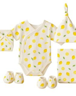 MOM'S HOME Organic Cotton New Born Baby Essentials Gift Set | Baby Shower Gift Hamper | Baby Clothing Gift Combo | Lemon | Pack of 6