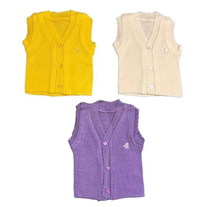Infantbond New Born Baby Winter Sleeveless Sweater | Inner wear Sweater | Cut sleeves sweater for Baby | Baby Cut sweater (0-2 M) (Pack of 3) (Note: Colours & Designs May Vary)