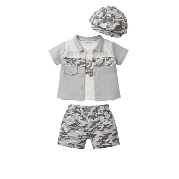 TBM Boys Cotton Printed Shirt, Shorts & Cap Set | Grey Camo ?Road Trip? Design | Soft & Stylish Summer Outfit for Baby Boys | Comfortable Casual Wear | Trendy Infant Clothing Set