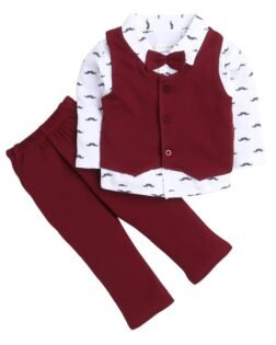 BUMZEE Boys Cotton Full Sleeves Shirt Waistcoat & Pant Set With Applique Bow (Peb4117)