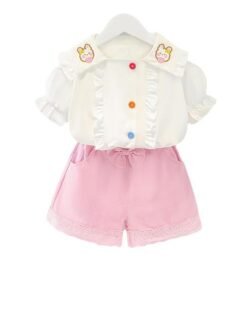 Cotton Cute Teddy Print Top tshirt and Shorts Set Dress for Girls - White Color