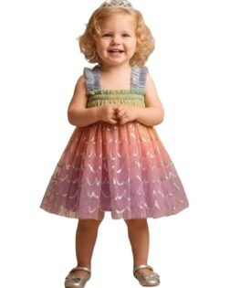 A.T.U.N. (ALL THINGS UBER NICE) Baby Girls Poly Silk Party Dress | Soft Stylish Frock with Tulle Mesh Overlay | Elegant Birthday & Special Occasion Outfit