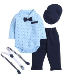 BUMZEE Sky Blue & Navy Boys Full Sleeves Cotton Bodysuit Pant Set With Suspender & Cap