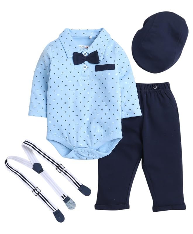 BUMZEE Sky Blue & Navy Boys Full Sleeves Cotton Bodysuit Pant Set With Suspender & Cap