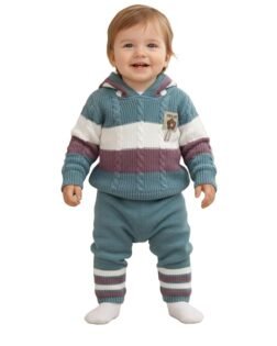 Baby Winter Outfit 1-3 Years Years Knitted Hoodie Sweater & Pants Set for Boys Girls, Warm Woolen Dress, Toddler Suit with cap, Soft Cozy Striped Knit Clothing With 3D sticker Design