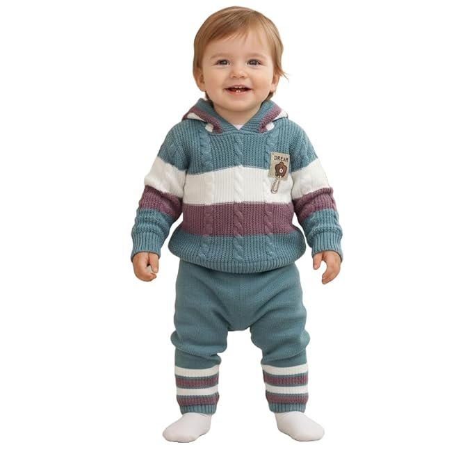 Baby Winter Outfit 1-3 Years Years Knitted Hoodie Sweater & Pants Set for Boys Girls, Warm Woolen Dress, Toddler Suit with cap, Soft Cozy Striped Knit Clothing With 3D sticker Design