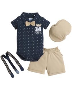 BUMZEE Baby Boys Cotton Checkered Half Sleeves Bodysuit & Short Set With Bow Suspender & Cap