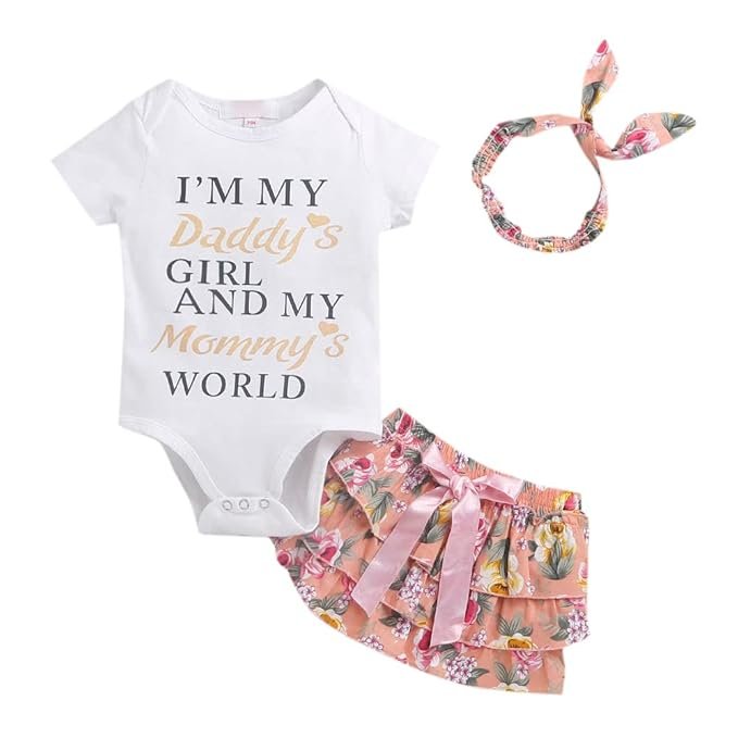 Hopscotch Girl's Cotton Blend Printed Text Print Onesie And Skirt Set with Headband