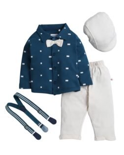 BUMZEE Boy's Cotton Printed Full Sleeves Shirt Pant Set With Suspender & Cap (Peb9937)