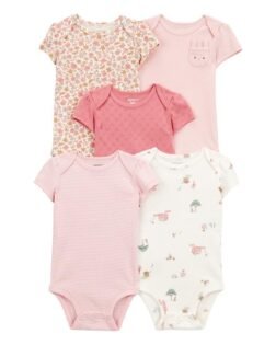 Carter's Baby Girl Floral Bunny Half Sleeve Cotton Bodysuits (Set of 5) | 100% Cotton Half Sleeve | Soft & Breathable Everyday Wear