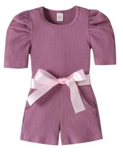 Hopscotch Girls Cotton Polyester Solid Slim Fit T-shirt and Shorts Set with Belt in Purple Color