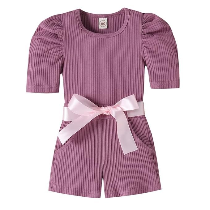 Hopscotch Girls Cotton Polyester Solid Slim Fit T-shirt and Shorts Set with Belt in Purple Color