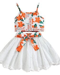 Hopscotch Polyester Girls Floral Print Slim Fit Blouseskirt Set In Orange Color For Ages