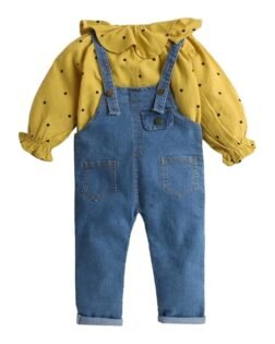 Hopscotch Girl's Cotton Printed Spandex Polka Dot Print T-Shirt And Dungaree Set(1023421)