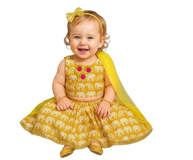 A.T.U.N. (ALL THINGS UBER NICE) Baby Girls 100% Cotton Ethnic Floral Printed Lehenga Choli Set with Lace & Dupatta | Traditional 3-Piece Festive Outfit for Kids