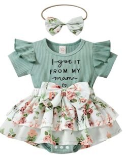 Hopscotch Girls Text Print Bodysuit with Headband In Green Color