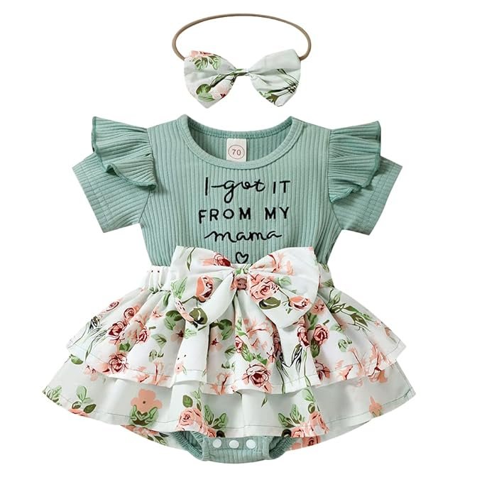 Hopscotch Girls Text Print Bodysuit with Headband In Green Color