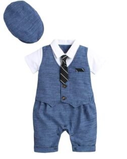 Hopscotch Boys Cotton Solid Applique Tie Romper In Blue Color