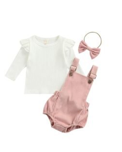 Infant Baby Girl 3Pcs Outfits Ribbed Ruffle Long Sleeve Knitted Tops Corduroy Overall Shorts Headband Clothes Set