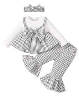 Hopscotch Girl's Polyester White Checkered Top, Pant With Headband