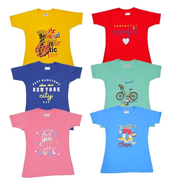 Girls Soft & Pure Cotton Short Sleeve Stylish Comfy Printed Round Neck Regular Fit T-Shirts Summer Clothing Sets (Set of 6)