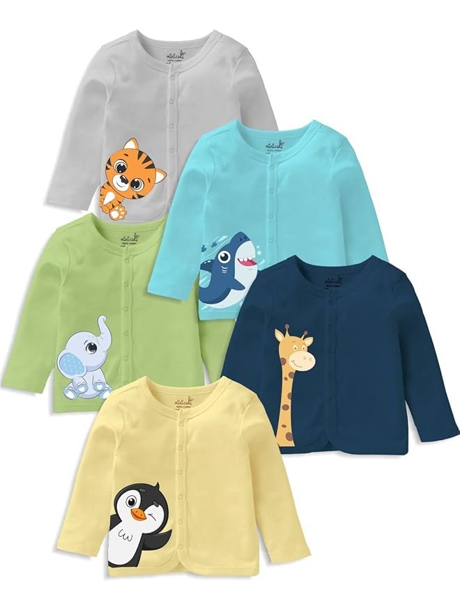 minicult Cotton Unisex Front Open Full Sleeve T-Shirt with snap Buttons and Cute Prints Combo Pack
