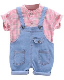 Hopscotch Boys Cotton Check Shirt And Dungaree Set In Green Color