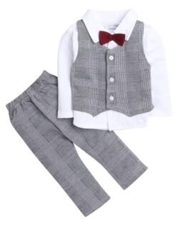 BUMZEE Grey & White Boys Shirt Waistcoat & Pant Set with Applique Bow
