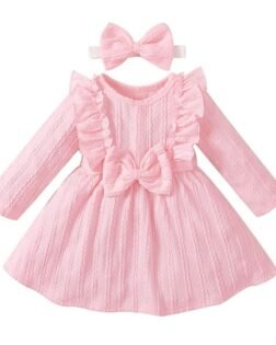 Hopscotch Girl's Polyester And Spandex Bow Applique Full-Sleeve Knee-Length Casual Dress With Headband In Pink Color