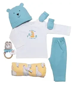 Little Looker Newborn Unisex Clothing Hamper (6 Pcs) - for Self-use & Gifting - Soft Cotton T-Shirt, Pajama Pant, Muslin Swaddle, Matching Cap & Mittens, Hand-Crocheted Rattle Toy - Premium Dress Combo (0-6 Months, Teal & White)