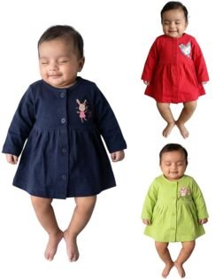 Funny Bear Full Sleeve Regular Wear Round Neck A Line Knee Length Cotton Frock for Baby Girl | Front Open Baby Frocks 0-3 Months Dress Combo Pack of 3