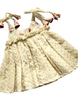 Picksparrow Newborn Baby Girl Ethnic Dress/Traditional Frock with Head Band (Kerala Kasavu, Hand- Embroidered)