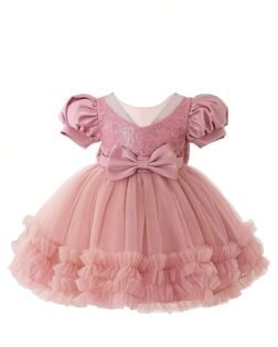 Niren Enterprise Rollar Frock net Embroidery Work Ruffle Patterned Flared Short Sleeve Girl Frock, Pack of 1