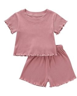 2Pcs Toddlers Baby Girls Summer Clothes Set Ruffle Ribbed Knit Short Sleeves T-Shirt Tops Shorts Cotton Outfits