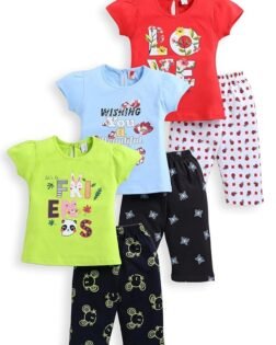Girls Pure Cotton Capri Set for Girls Pack of 3, Multicolor| Top and Pant Set | Kids Dress | T-Shirts and Pants | Cotton Dress for Baby Girls
