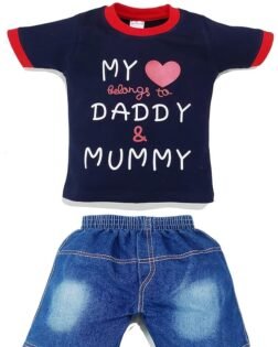 Infant wear Printed Kidswear Baby Boy Girl Clothes Navy Blue Tshirt Top Denim Pants Combo for 12-18 Months MLMD-NVY