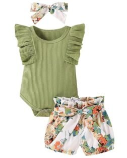 Newborn Baby Girl Clothes Infant Summer Outfit Set Ruffle Sleeve Romper Floral Pants 3PCS Bodysuit +Shorts +Headband